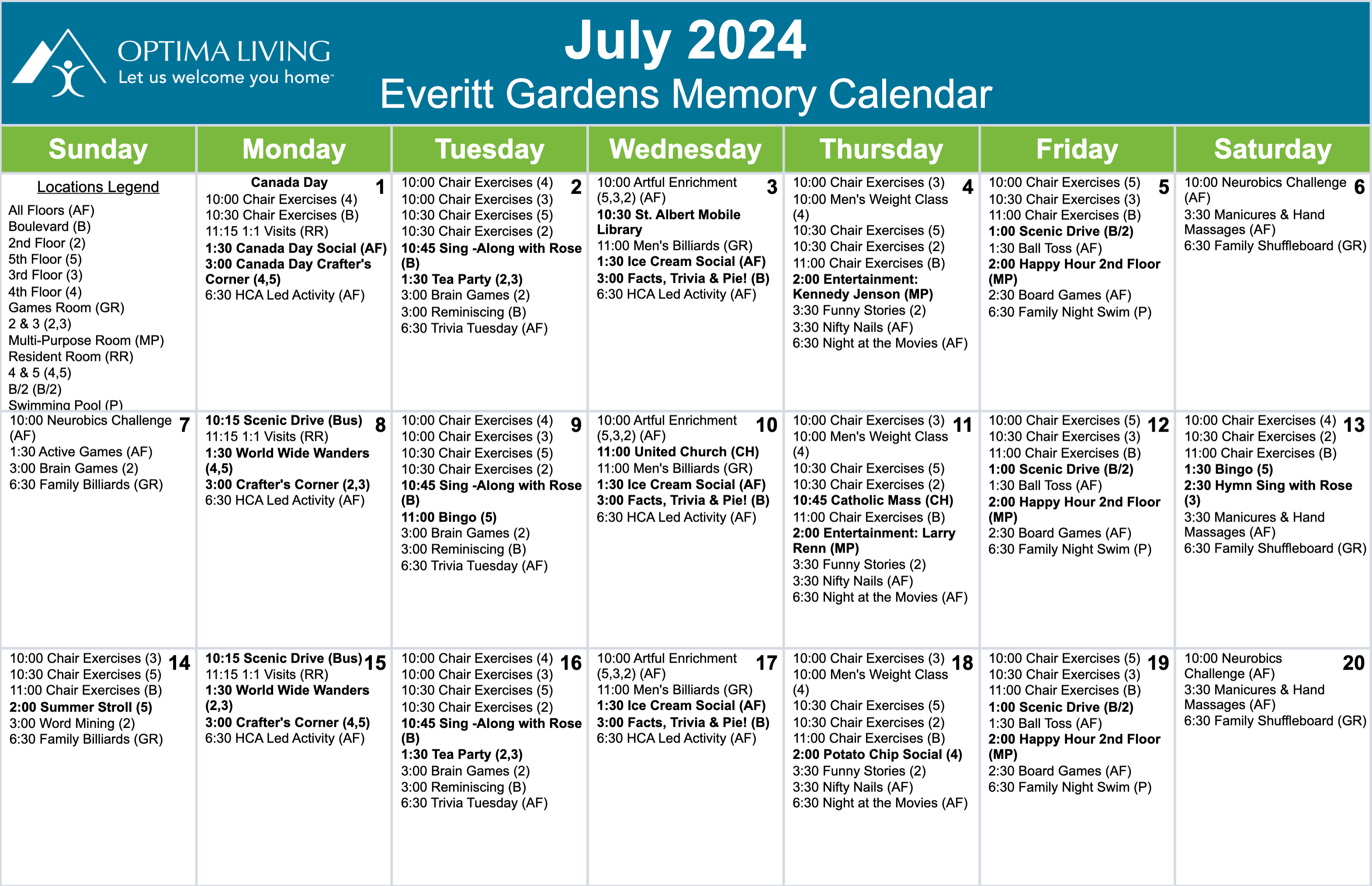 Everitt Gardens July 1 - 20 2024 supportive living event calendar