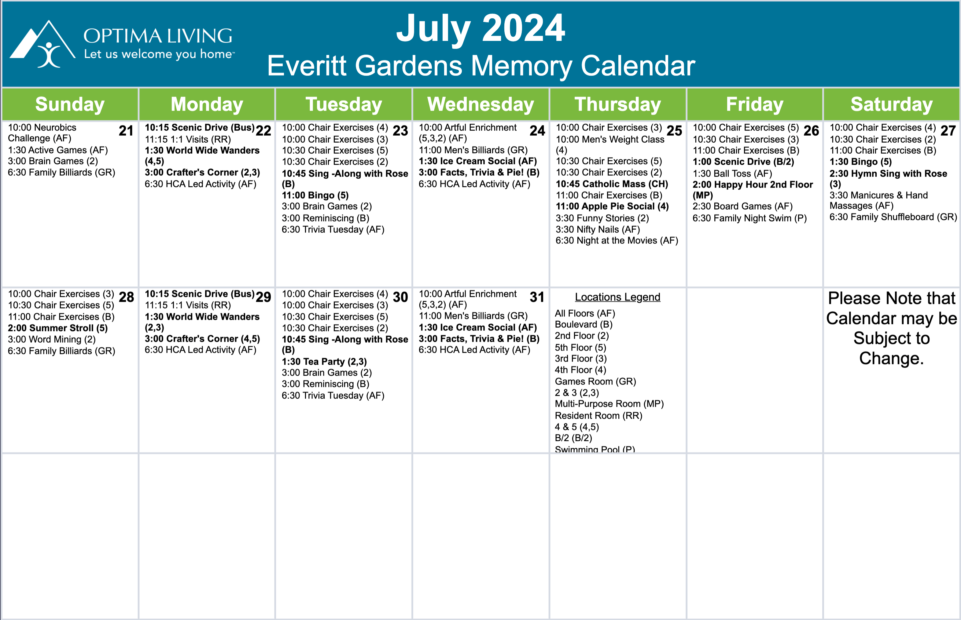 Everitt Gardens July 21 - 31 2024 supportive living event calendar