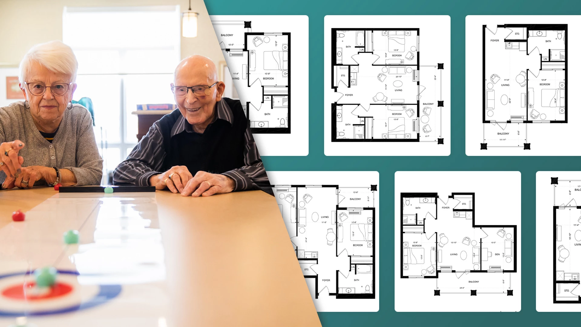 Layout of floor plans and seniors playing shuffle board